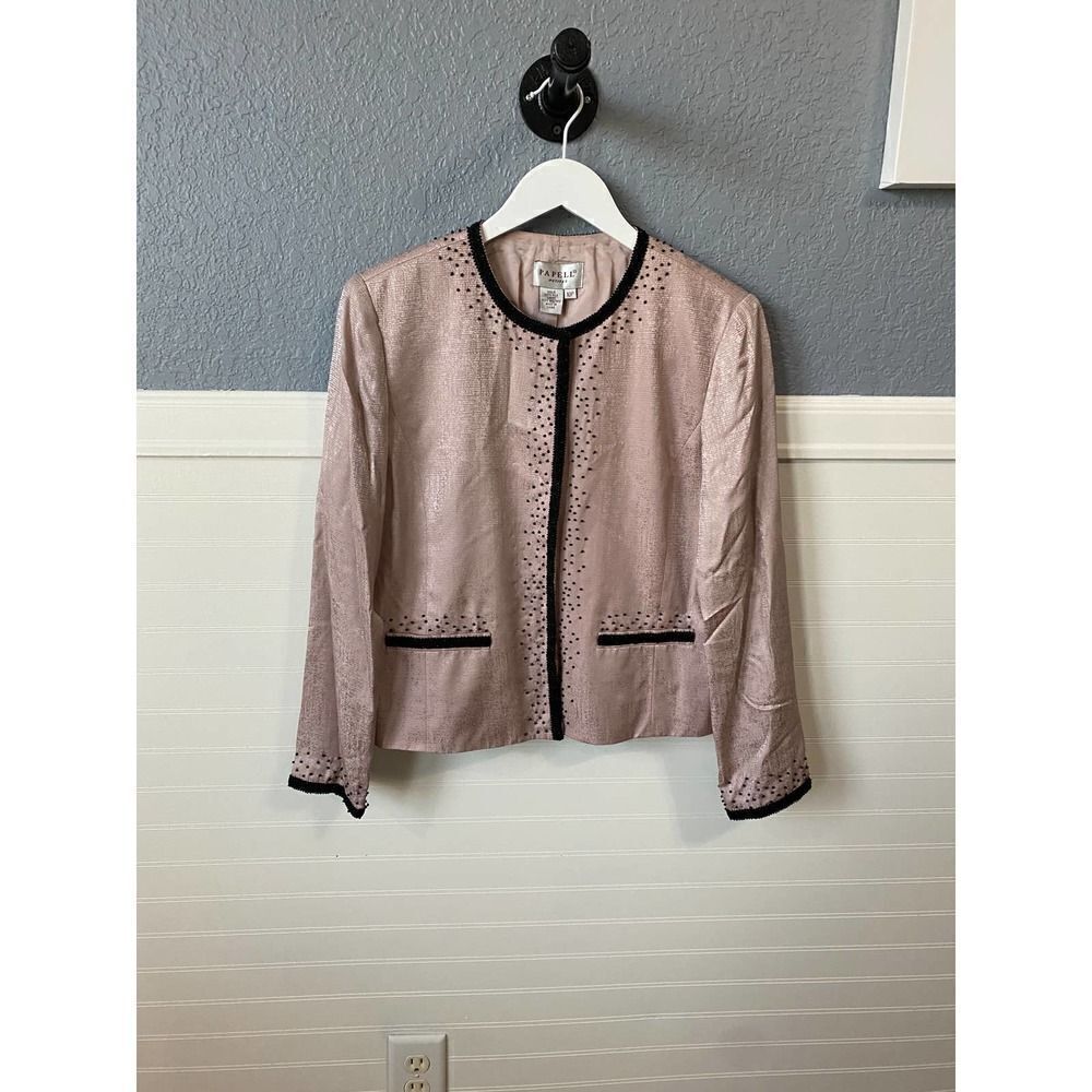 Papell Petites Pink 100% Silk Embroidered Button Down Shirt Size 10P
